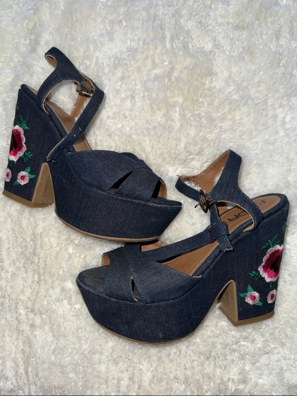Embellished Navy Denim Platform Sandals - Women